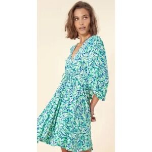 Hale Bob jersey dress green blue abstract print with a v-neckline tie waist XL
